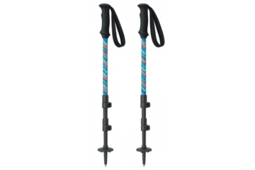 Pair of trekking poles with black grips and chevron pattern on blue shafts, outdoor hiking and nordic walking gear
