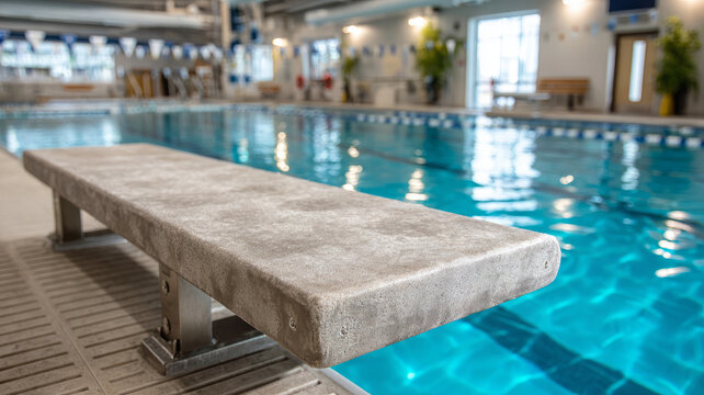 Indoor swimming pool with diving board in a modern aquatic center.