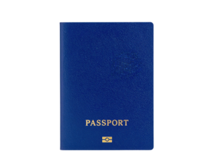 A blue passport with embossed lettering, essential for international travel and personal identification.