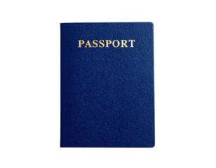 A blue passport featuring the word "PASSPORT" embossed in gold.