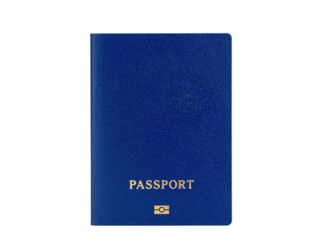 A blue passport with embossed lettering, essential for international travel and personal identification.