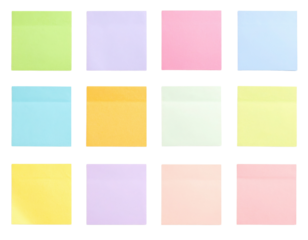 A collection of colorful sticky notes arranged in a grid pattern, showcasing various pastel shades.