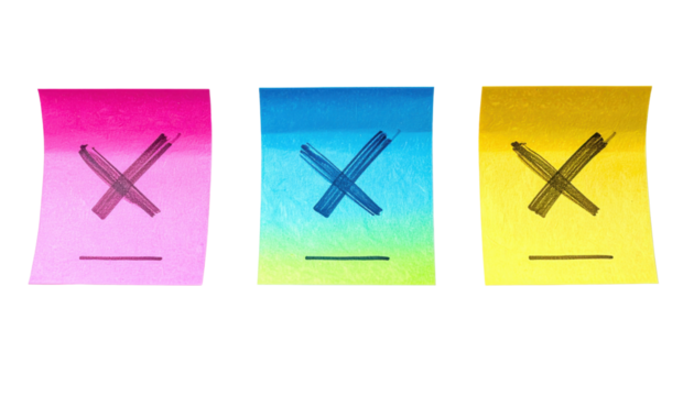 Three colorful sticky notes with marked crosses, showcasing vibrant colors and distinct designs.