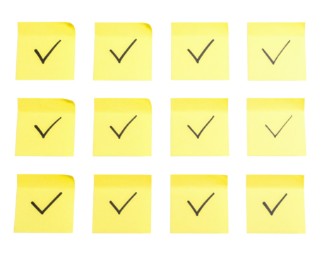 A grid of yellow sticky notes each marked with a checkmark, suggesting completion or tasks accomplished.