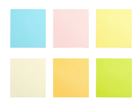 A grid of six colorful sticky notes in various pastel shades arranged in two rows.