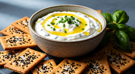 Creamy white dip with olive oil and chives in bowl surrounded by sesame seed crackers image