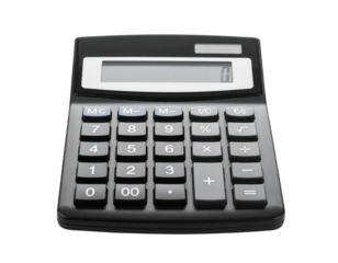 A sleek, modern calculator featuring a clear display and a full set of numeric and operational buttons.