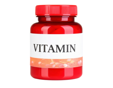 A red bottle of vitamins featuring a prominent label with the word "VITAMIN" displayed clearly. - Powered by Adobe
