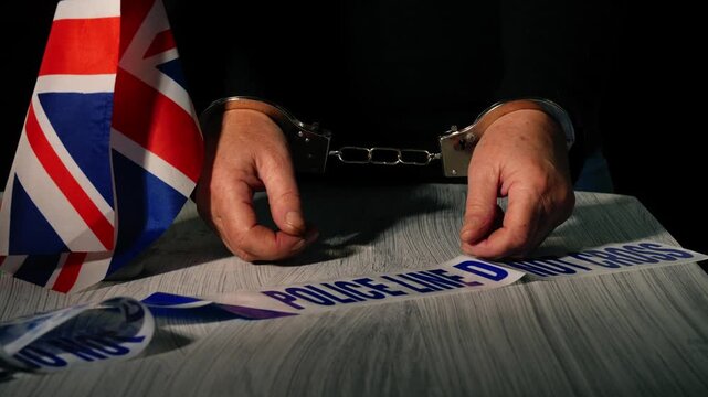 Criminal in handcuffs in British police room