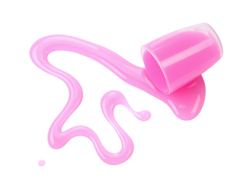 A spilled pink liquid flows from an overturned cup, creating an eye-catching, fluid shape on a dark surface.