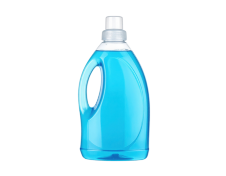 A blue liquid detergent bottle with a handle and a screw cap, designed for household cleaning purposes.