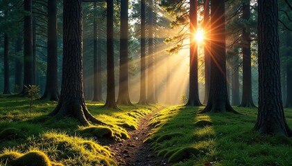 Sun-Dappled Pine Forest Tranquil Woodland Scene with Towering Trees and Mossy Floor