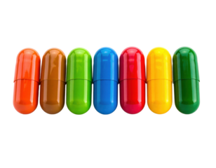 A row of colorful capsules in various vibrant shades, showcasing a glossy finish and smooth design.