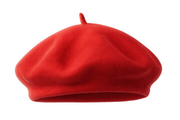 Red beret hat, a classic french fashion accessory, soft wool headwear for elegance and style, transparent background
