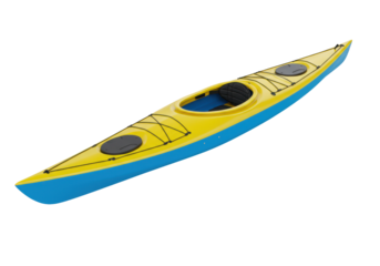 Isolated yellow and blue kayak on clean background, recreational watercraft for sport
