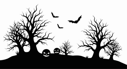 Black silhouettes of spooky trees with twisted branches perfect for eerie Halloween and dark fantasy designs.