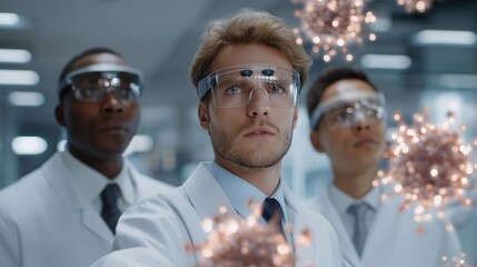 Medical researchers in futuristic lab wearing augmented reality headsets, analyzing magnified virus structures with glowing 3D holograms, showing intense curiosity, determination, and teamwork