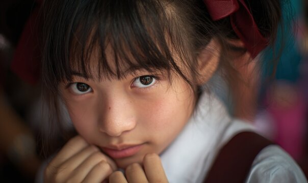 Young girl with dark hair and brown eyes looking at the camera.