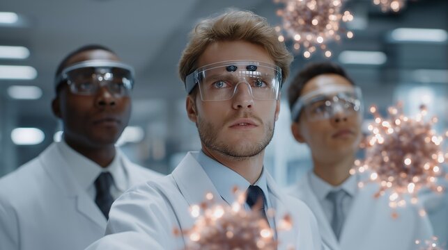 Medical researchers in futuristic lab wearing augmented reality headsets, analyzing magnified virus structures with glowing 3D holograms, showing intense curiosity, determination, and teamwork
