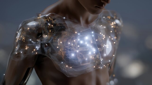 Cyborg designed with glowing torso cavity showing digital creation system, highlighting futuristic robotics, generative design, and advanced speculative ideas of artificial development. cinematic