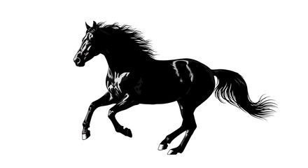 Majestic black stallion gallops with flowing mane and tail, exuding power and freedom across a clean white background.