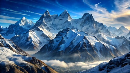 Majestic snow covered mountain peaks under a dramatic blue sky