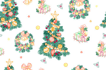 Christmas tree, wreath, gifts, bells. Seamless pattern with cute hand-drawn Christmas or New Year decor. Vector