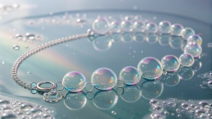 Delicate pearl necklace reflecting light on a smooth surface