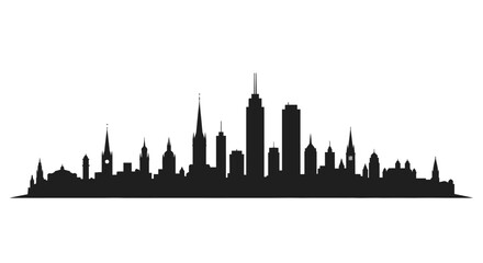 Obraz premium Modern city skyline silhouette showcasing diverse architecture and urban development, perfect for corporate presentations and city branding.