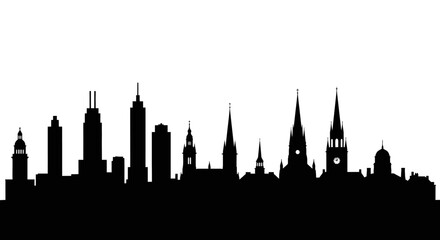 Fototapeta premium Dynamic city skyline silhouette showcasing modern skyscrapers and historic church spires against a clean white background