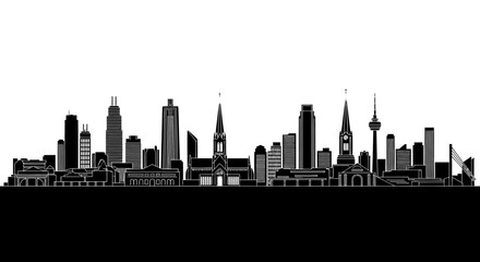 Obraz premium Striking black and white city skyline silhouette featuring diverse architectural styles and iconic landmarks