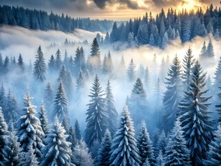 Misty winter forest with snow covered evergreen trees and sunrise light