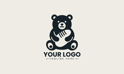 Cute bear chef mascot happily holding pastry and spoon vector logo illustration design