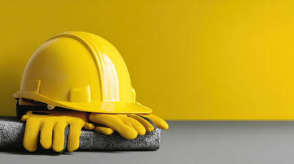 Yellow hard hat and gloves representing worker safety and construction