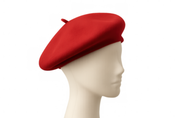 Red beret displaying on mannequin head, stylish wool hat as fashion accessory, isolated with transparent background