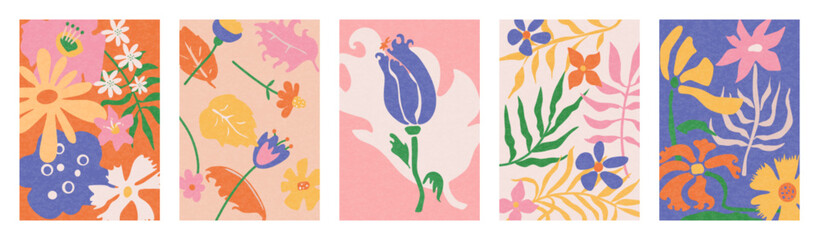 A set of vector drawings with botanical flowers. Abstract flower and leaf designs for printing, wallpaper, cliparts, and wall art for home decoration.