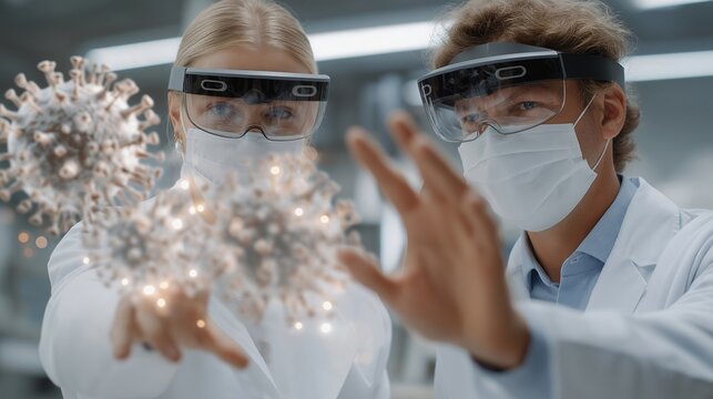 Medical researchers in futuristic lab wearing augmented reality headsets, analyzing magnified virus structures with glowing 3D holograms, showing intense curiosity, determination, and teamwork