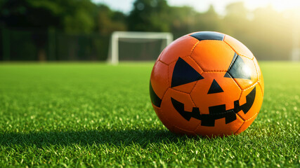 Fototapeta premium Orange soccer ball with Halloween pumpkin face on green grass field. Sport celebration concept for Halloween event or party poster.