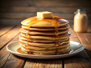 Delicious stack of pancakes with butter and syrup on a wooden table