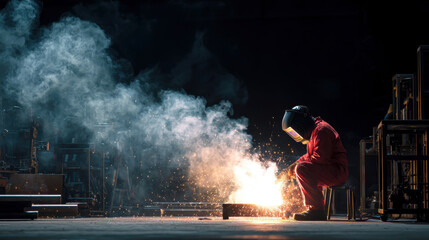 Obraz premium Welder fabricating metal using arc welding producing sparks