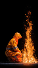 Fototapeta premium Firefighter crouching by danger fire flames emergency