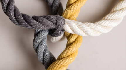 binding. Abstract close-up of intertwined ropes symbolizing unity, with textured fibers under soft directional lighting. wellbeing guides.