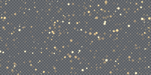 Golden glitter dust overlay on transparent background. Soft glowing particles scattered in random pattern for celebration, luxury, wedding, festive designs. Sparkle vector illustration.