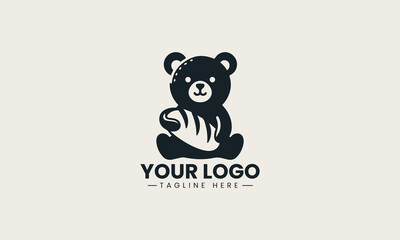 Cute bear chef mascot happily holding pastry and spoon vector logo illustration design