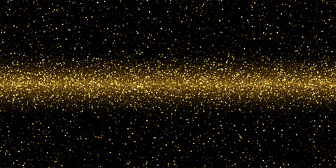 Gold glitter confetti on black. Shiny glowing particles concentrated in horizontal band across center, fading at top and bottom. Elegant festive decoration for luxury themes. Vector illustration.