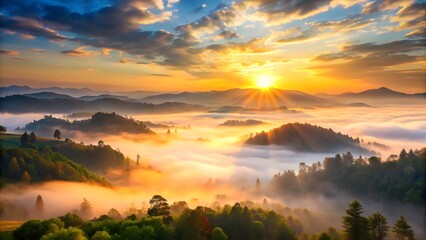Golden sunrise over misty mountains and forest canopy