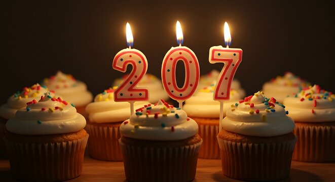 Birthday Celebration with Cupcakes and Candles Displaying the Number 207.