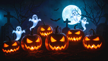 Fototapeta premium Jack o lantern pumpkins glowing in a spooky graveyard scene with ghosts and bats under blue full moon for Halloween night.