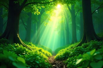 Magical Rain in Lush Green Forest Sunlight Dapples Vibrant Canopy and Forest Floor, Creating a Serene Atmosphere. Perfect for Nature, Serenity, and Environmental Themes.