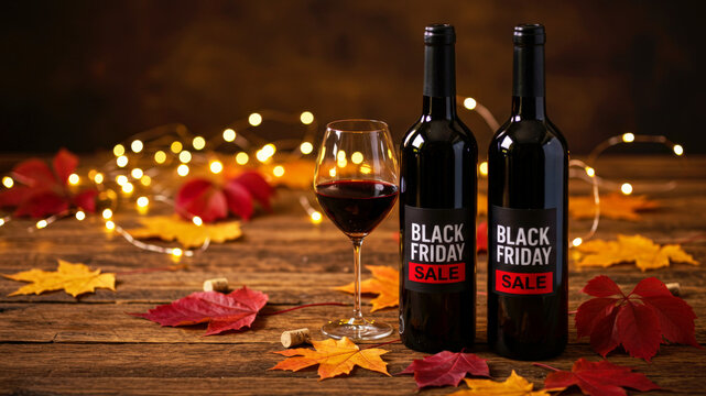 Red wine bottle with Black Friday Sale label, glass, and autumn leaves on a rustic wooden table with string lights. Autumn harvest and holiday shopping concept.